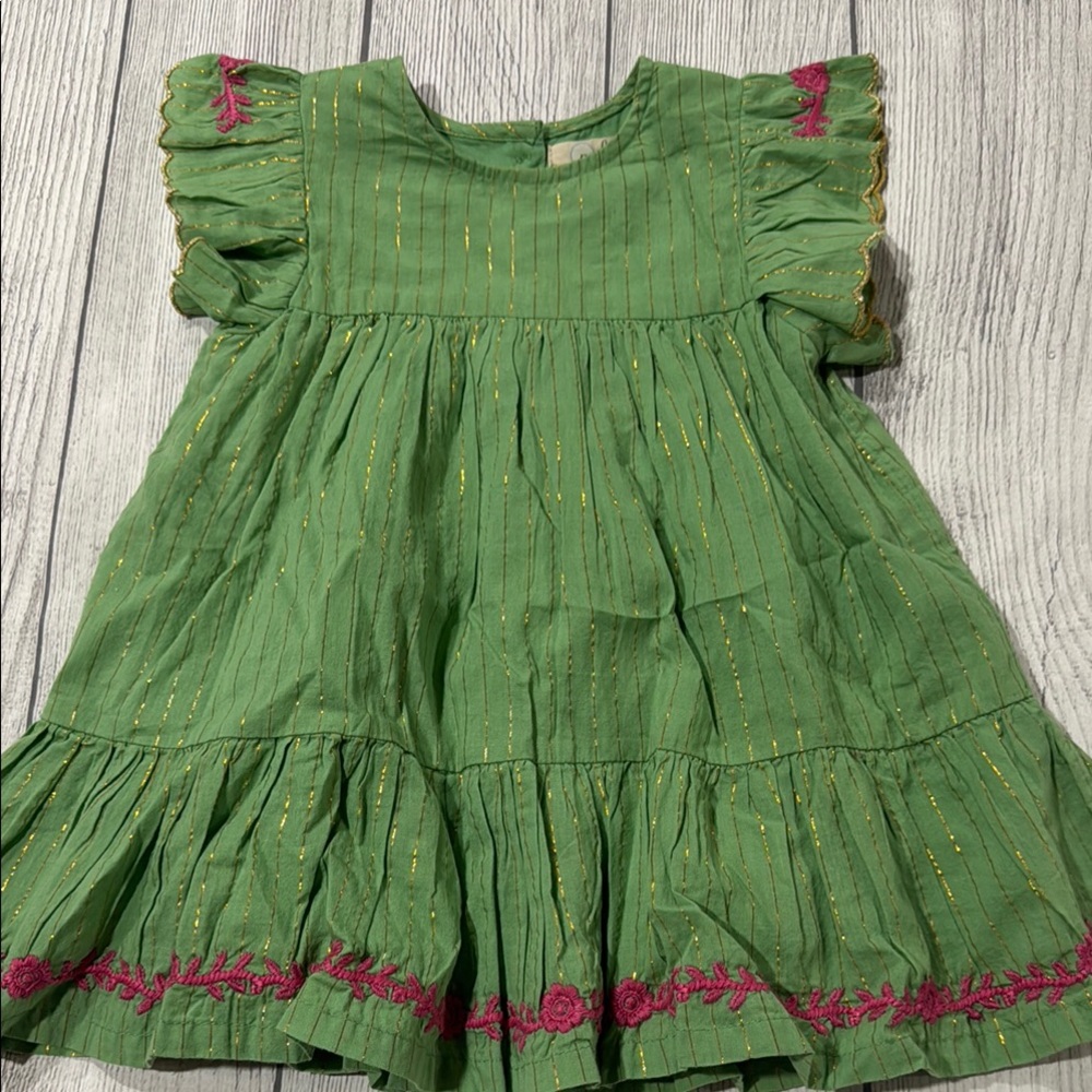 Peek Baby Girls Green Gold Threaded Dress with Pink Embroidery
